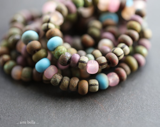 Matte SPRING LOVE SEEDS No. 9297 .. 20" Strand Premium Picasso Czech Glass Aged Striped Seed Bead Mix Size 6/0 4x3mm (9297-st)