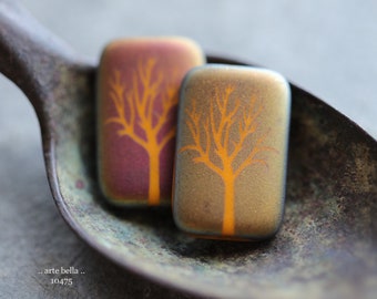 ORANGE TREE REX .. New 4 Premium Matte Czech Glass Laser Etched Tree Rectangle Bead Mix 19x12mm (10475-4)