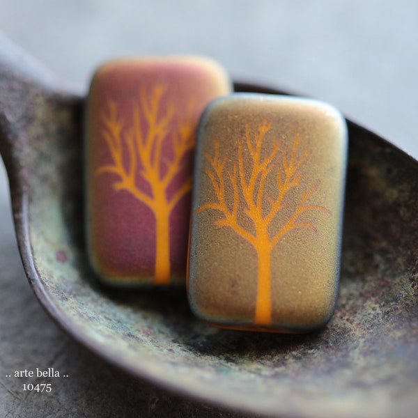 ORANGE TREE REX .. New 4 Premium Matte Czech Glass Laser Etched Tree Rectangle Bead Mix 19x12mm (10475-4) .. jewelry supplies