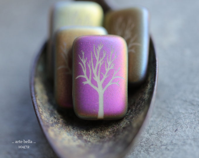 last ones .. IVORY TREE REX No. 2 .. 4 Premium Matte Czech Glass Laser Etched Tree Rectangle Bead Mix 19x12mm (10472-4)