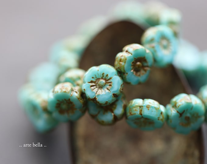 EARTHY TURQUOISE PANSY .. 12 Premium Picasso Czech Glass Hibiscus Flower Beads 9mm (9335-st)