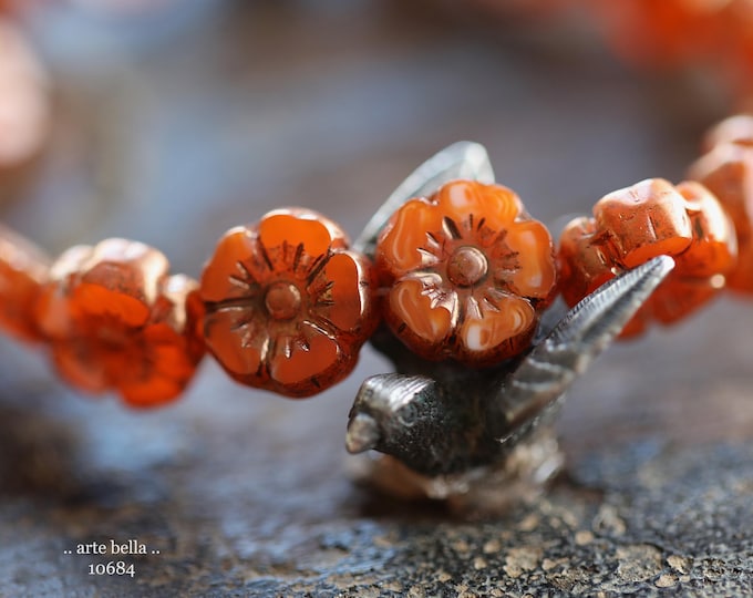 BRONZED PUMPKIN PANSY .. 16 Premium Czech Glass Hibiscus Flower Beads 9mm (10684-st) .. jewelry supplies