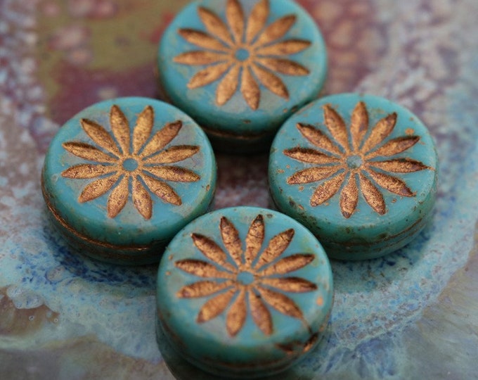 BRONZED BLUE TEAL Aster .. 6 Premium Picasso Czech Glass Flower Coin Beads 12mm (7843-6)