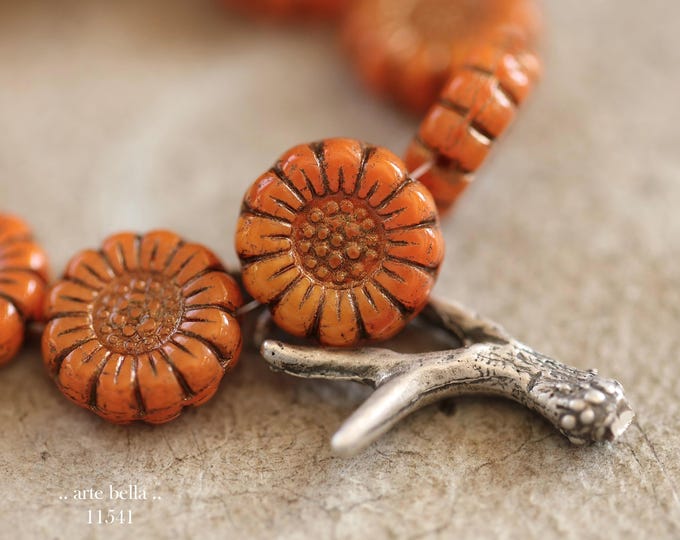 New .. BRONZED PUMPKIN SUNFLOWERS .. 10 Premium Czech Glass Sunflower Bead Mix 13mm (11541-st) .. jewelry supplies
