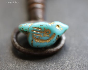 GOLDEN TURQUOISE CHIRPS .. 6 Premium Czech Glass Bird Beads 11x22mm (9281-6) .. jewelry supplies