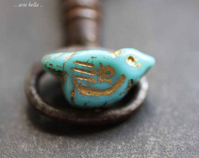 GOLDEN TURQUOISE CHIRPS .. 6 Premium Czech Glass Bird Beads 11x22mm (9281-6)