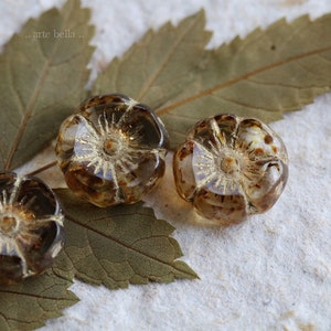 GOLDEN WHISPER PANSY .. 12 Premium Picasso Czech Glass Hibiscus Flower Beads 12mm (7704-st) .. jewelry supplies