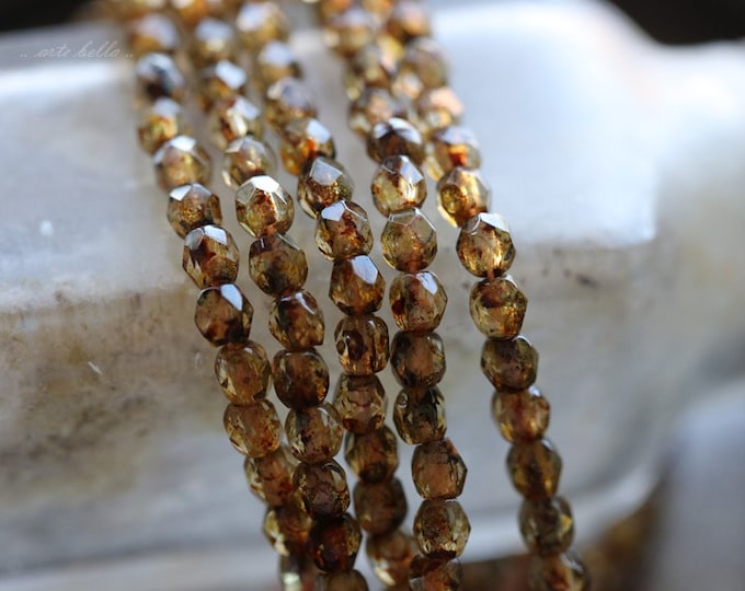 EARTHY AMBER BITS .. 50 Premium Picasso Czech Glass Tiny Faceted Round Beads 3mm (4225-st) .. jewelry supplies