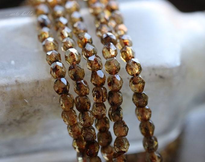 EARTHY HONEY BITS .. 50 Premium Picasso Czech Glass Tiny Faceted Round Beads 3mm (4225-st)