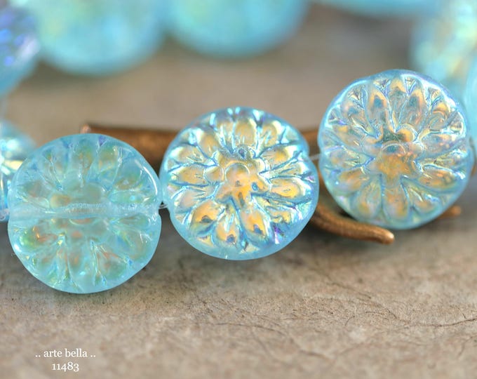 New .. MYSTIC SKY DAHLIAS .. 10 Premium Czech Glass Dahlia Flower Beads 14mm (11483-st) .. jewelry supplies