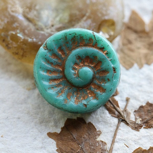 BRONZED TURQUOISE FOSSIL .. 4 Premium Czech Glass Spiral Fossil Beads 19mm (8647-4) .. jewelry supplies