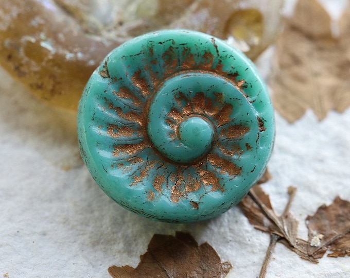 BRONZED TURQUOISE FOSSIL .. 4 Premium Czech Glass Spiral Fossil Beads 19mm (8647-4)