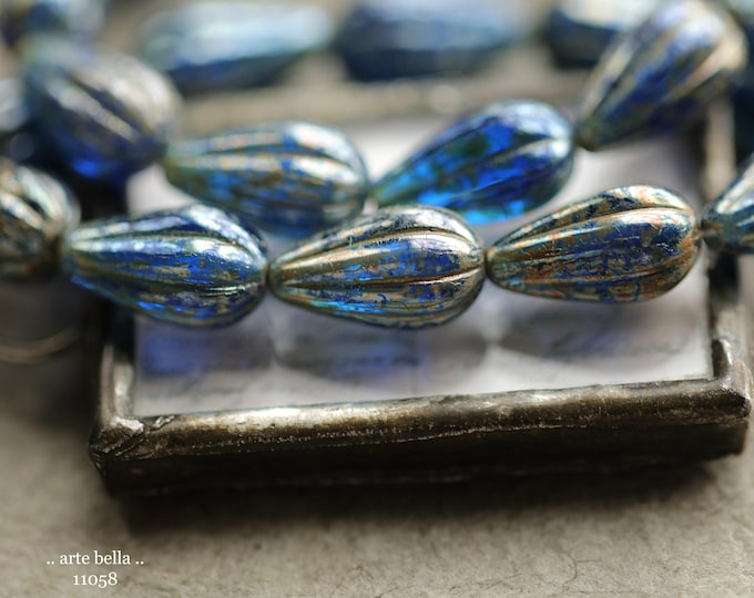 PEWTER COBALT MELON Drops .. New 10 Premium Czech Glass Melon Drop Bead Mix 13x8mm (11058-st) .. jewelry supplies
