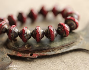 EARTHY VAMP BLISS .. 15 Picasso Czech Glass Faceted Saturn Beads 8x10mm (11052-st) .. jewelry supplies