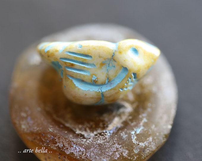 BLUE CREAM CHIRPS .. 6 Premium Picasso Czech Glass Bird Beads 11x22mm (9286-6) .. jewelry supplies