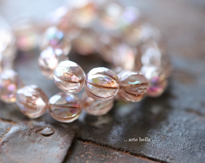 MYSTIC BLUSH GLITZ .. 12 Premium Czech Glass Faceted Melon Beads 10mm (9531-12)