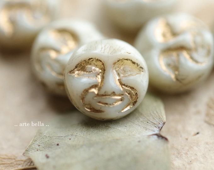 GOLDEN IVORY MOONS .. 6 Premium Czech Glass Moon Face Beads 13mm (8494-6)