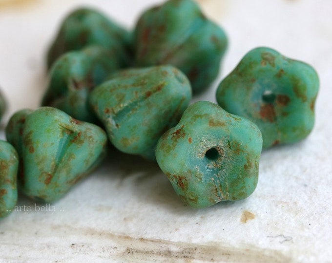 back in stock .. AGED TURQUOISE POSIES .. 10 Premium Etched Picasso Czech Glass Flower Beads 9x6mm (7320-10) .. jewelry supplies