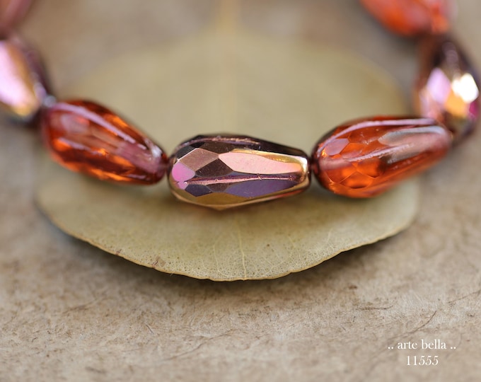 New .. COPPERED PEACH DROPS .. 10 Premium Czech Glass Faceted Melon Drop Beads 15x8mm (11555-st) .. jewelry supplies