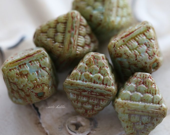 premium glass beads .. SAGE CHAMELEON .. 12 Picasso Czech Glass Beads 12x10mm (5176-st) .. jewelry supplies