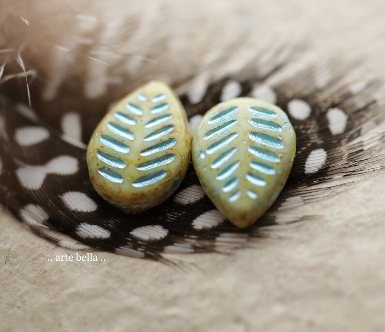 BLUE CREAM LEAVES .. 8 Premium Picasso Czech Glass Dogwood Leaf Beads 16x12mm 5985-8 image 8