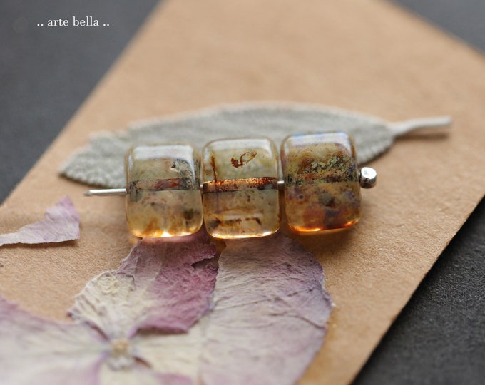 last ones .. EARTHY CRYSTAL REX .. 10 Premium Picasso Czech Glass Rectangle Beads 12x8mm (9486-10)