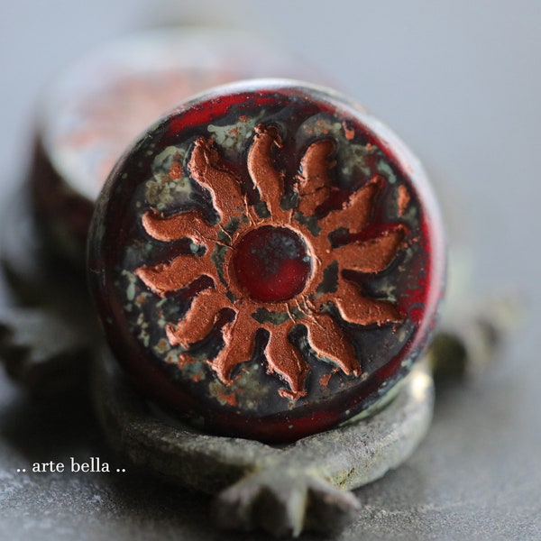 COPPER RUBY RAYS .. 1 Premium Picasso Czech Glass Sun Coin Bead 22mm (9809-1)