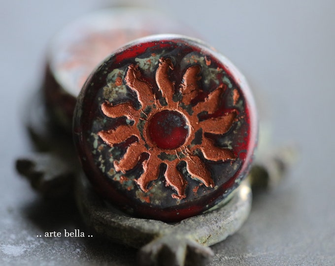 COPPER RUBY RAYS .. 1 Premium Picasso Czech Glass Sun Coin Bead 22mm (9809-1)