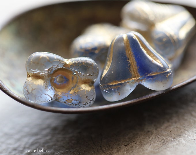 GOLDEN BLUE BELLS .. 4 Premium Matte Czech Glass Bell Flower Beads 11x9x13mm (10595-4) .. jewelry supplies