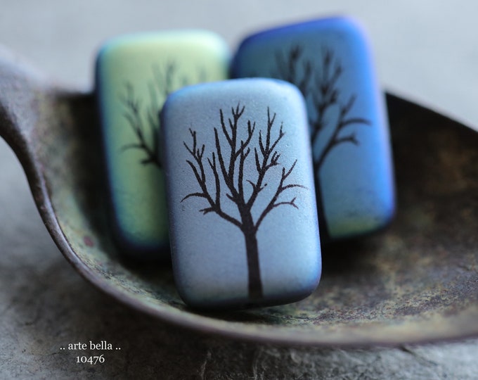 BLACK TREE REX No. 2 .. New 4 Premium Matte Czech Glass Laser Etched Tree Rectangle Bead Mix 19x12mm (10476-4)