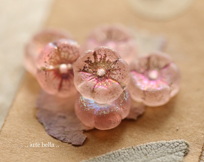 last ones .. MYSTIC PINK PEONY .. 12 Premium Etched Czech Glass Hibiscus Flower Beads 12mm (9950-st) .. jewelry supplies