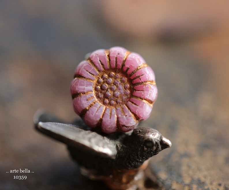 COPPERED PINK SUNFLOWERS .. New 6 Premium Czech Glass Flower Beads 13mm 10359-6 .. jewelry supplies image 2