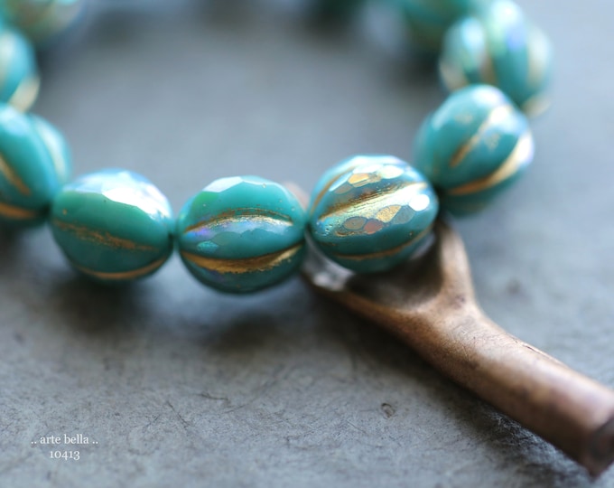 MYSTIC TURQUOISE GLITZ No. 2 .. 12 Premium Czech Glass Faceted Melon Beads 9/10mm (10413-st) .. jewelry supplies