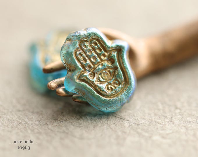 MYSTIC GOLDEN AQUA Hamsa Hand .. New 10 Premium Matte Czech Glass Hamsa Beads 15x10mm (10963-st) .. jewelry supplies