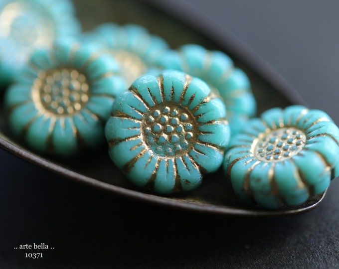 GOLDEN TURQUOISE SUNFLOWERS .. New 6 Premium Czech Glass Flower Beads 13mm (10371-6) .. jewelry supplies