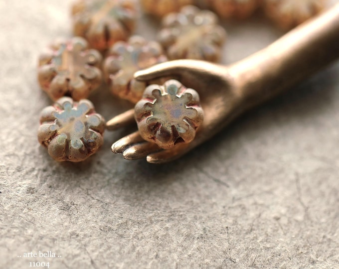 EARTHY DESERT BLOOMS .. New 10 Premium Matte Picasso Czech Glass Cactus Flower Bead Mix 9mm (11004-10) .. jewelry supplies