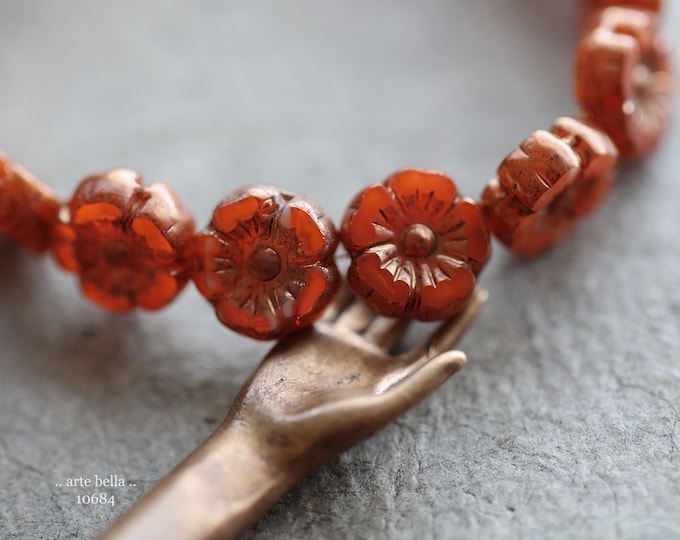 back in stock .. BRONZED PUMPKIN PANSY .. 16 Premium Czech Glass Hibiscus Flower Beads 9mm (10684-st) .. jewelry supplies