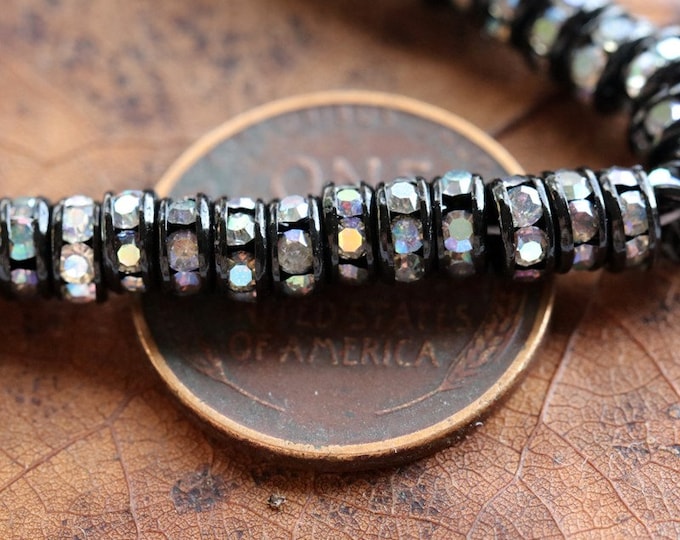 back in stock .. 10 Czech Preciosa 4.5mm AB Crystal Black Rhinestone Rondelles (rhi-09) .. jewelry supplies
