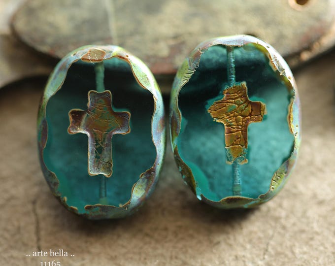 New .. EARTHY AQUA CROSSES .. 2 Premium Picasso Czech Glass Oval Cross Bead Mix 25x19mm (11165-2) .. jewelry making supplies
