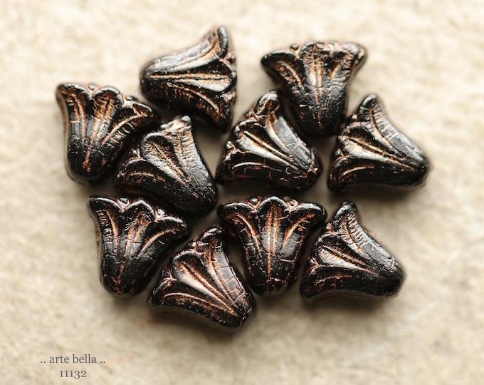 premium glass beads .. BRONZE BLACK LILIES .. New 10 Czech Glass Lily Flower Beads 9x10mm (11132-10) .. jewelry supplies