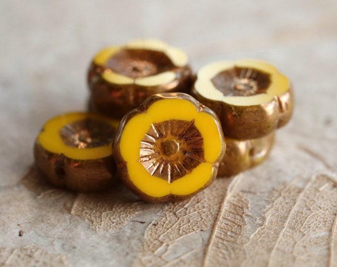 BRONZED LEMON PANSY .. 6 Premium Czech Glass Hibiscus Flower Beads 12mm (8635-6)