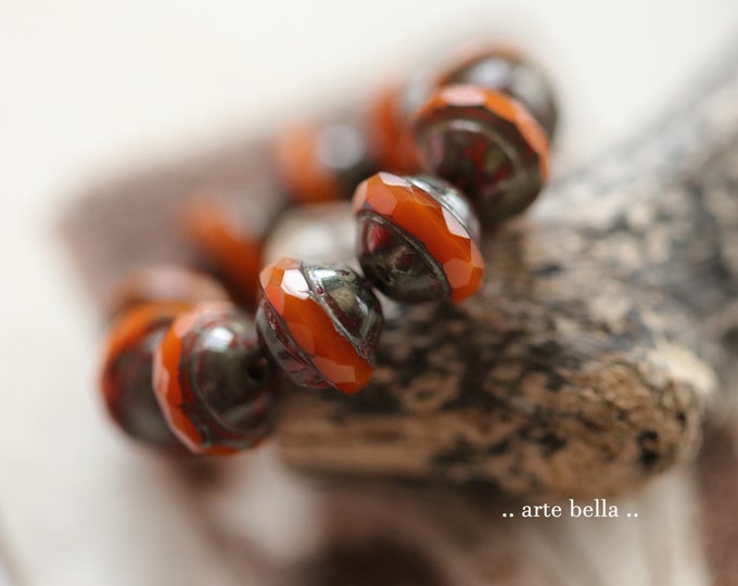 EARTHY ORANGE BLISS .. 10 Premium Picasso Czech Glass Saturn Beads 8x10mm (9826-st)