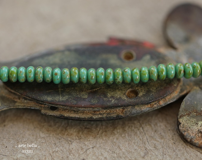 New .. MOSSY TURQUOISE DOTS .. 100 Premium Picasso Czech Glass Rondelle Spacer Beads 4x2mm (11321-100) .. jewelry supplies