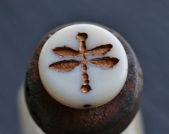 BRONZED IVORY DRAGONFLIES .. 4 Premium Czech Glass Dragonfly Coin Beads 18mm (8748-4) .. jewelry supplies