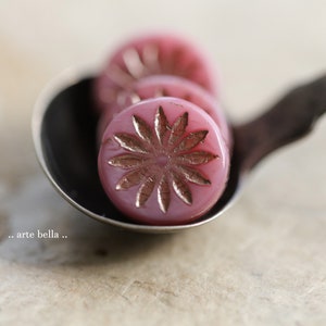 last ones .. PLATINUM PINK ASTERS .. 6 Czech Glass Aster Flower Coin Beads 12mm (9720-6) .. jewelry supplies