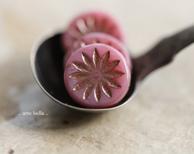 PLATINUM PINK ASTERS .. 6 Premium Czech Glass Aster Flower Coin Beads 12mm (9720-6) .. jewelry supplies