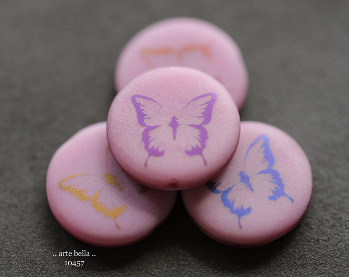 PINK BUTTERFLY COINS .. New 4 Premium Matte Czech Glass Laser Etched Butterfly Coin Bead Mix 17mm (10457-4) .. jewelry supplies