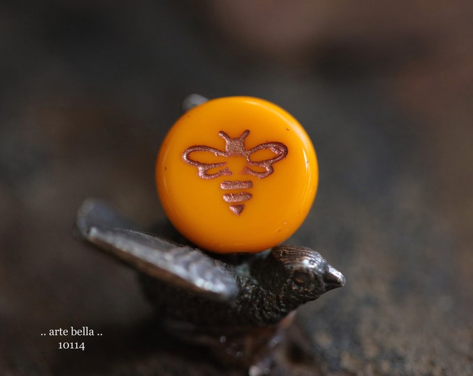 COPPERED YOLK BIZZY B .. 6 Premium Czech Glass Bee Coin Beads 12mm (10114-6)