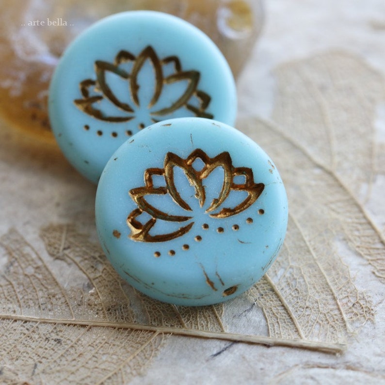 New 2 Premium Czech Matte Glass Lotus Coin Beads 18mm GOLDEN SKY LOTUS . 8747-2
