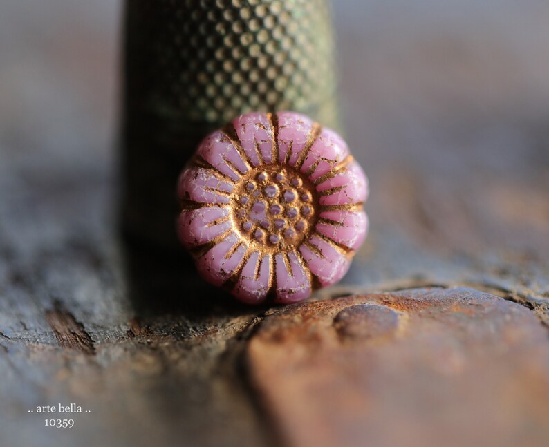 COPPERED PINK SUNFLOWERS .. New 6 Premium Czech Glass Flower Beads 13mm 10359-6 .. jewelry supplies image 4